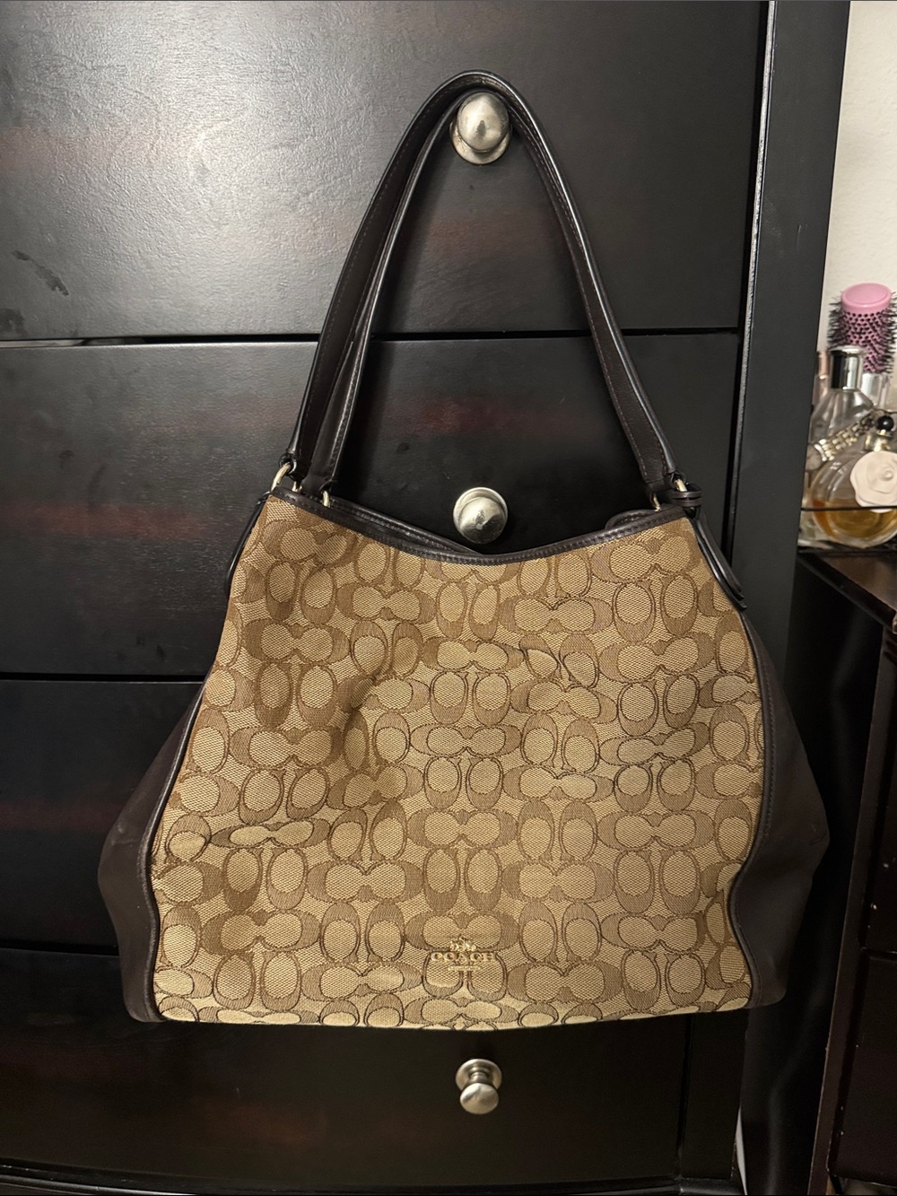 Coach Brown Signature Canvas Shoulder Bag with Dark Brown Leather Trim